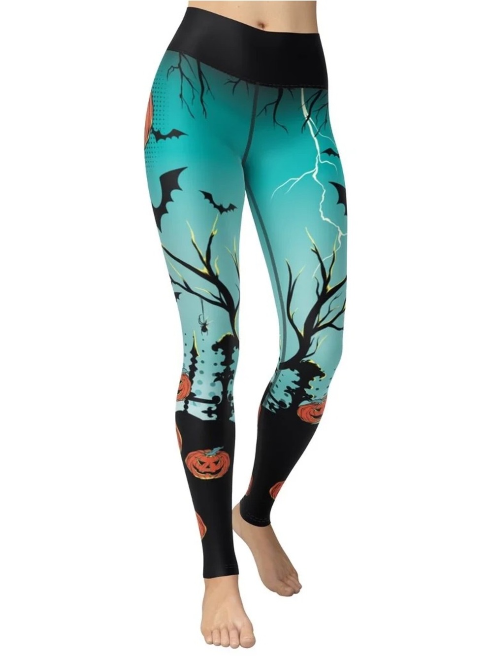 Fiercepulse Pumpkin Bat Dead Tree Print Leggings Halloween Small